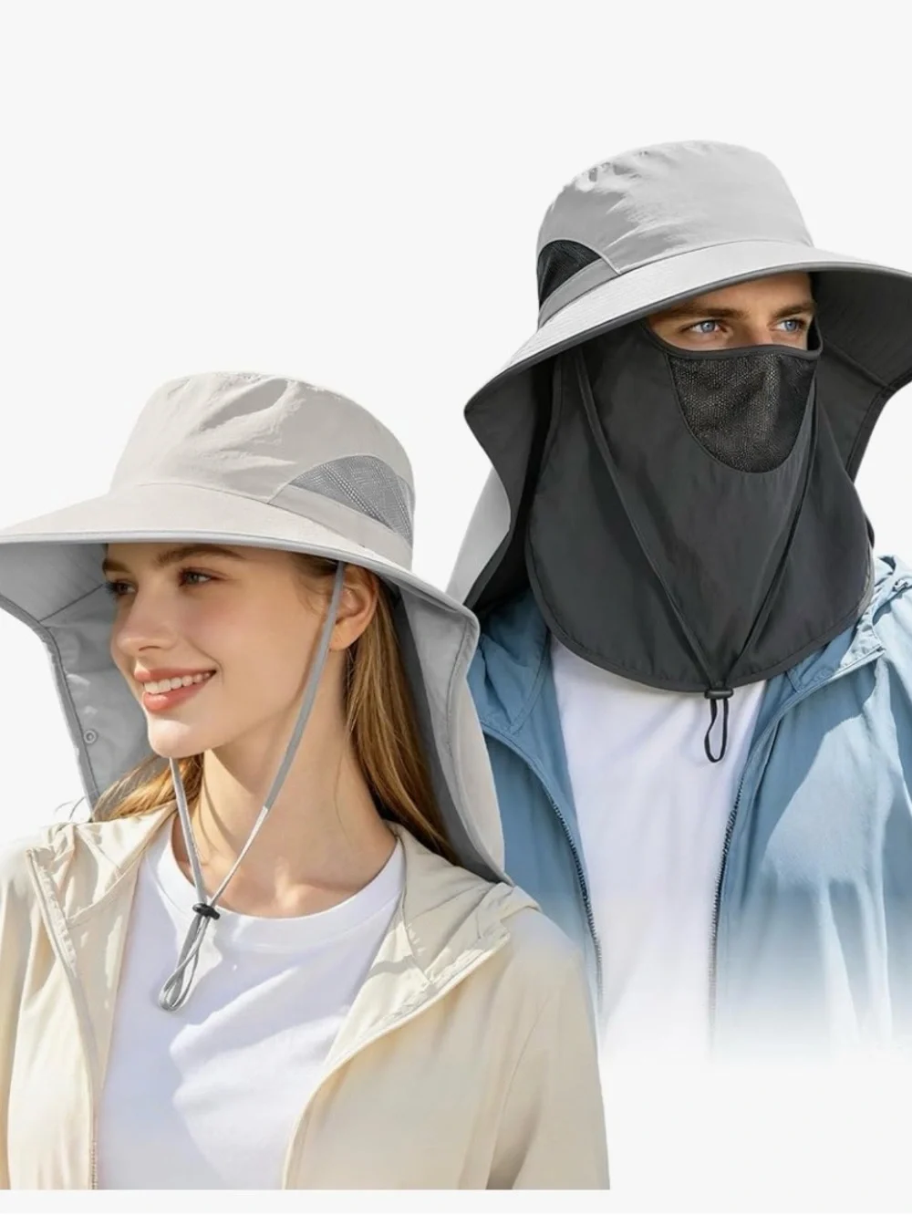 Set of 2 Sun Protection Wide Brim Hat with Neck Flap - Light Gray & Dark Gray - Picture 4 of 8
